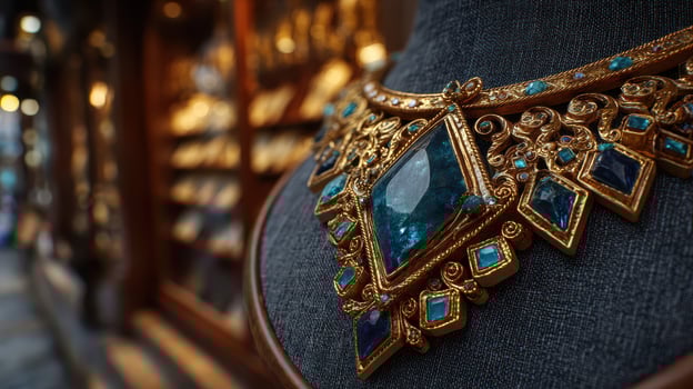 Intricate golden necklace with blue gemstones on display in a charming jewelry shop at dusk photo