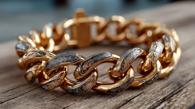 Intricate gold and silver chain bracelet crafted with detailed patterns on a wooden surface photo