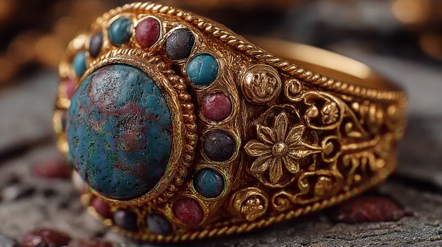 Intricate gold ring featuring turquoise and garnet stones crafted with detailed floral patterns at a jewelry showcase photo