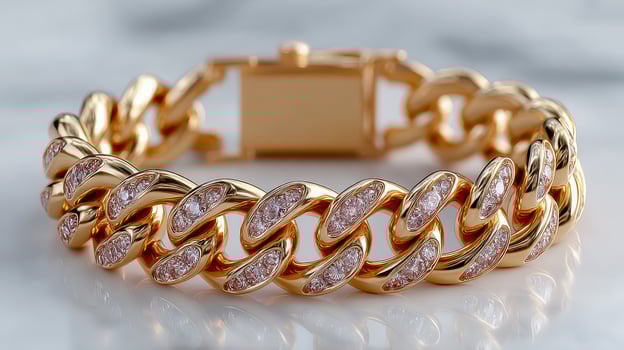 Elegant gold bracelet with sparkling diamonds displayed on a marble surface in bright lighting photo