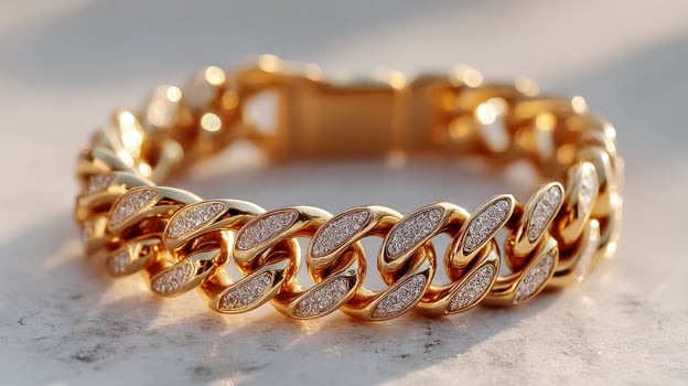 Gold chain bracelet with diamond accents resting on a marble surface during afternoon sunlight photo