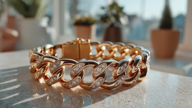 Elegant gold chain bracelet with diamond accents showcased in a bright indoor setting photo