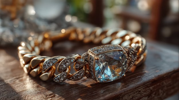 Luxury gold bracelet with large blue gemstone displayed on rustic wooden surface in soft natural light photo