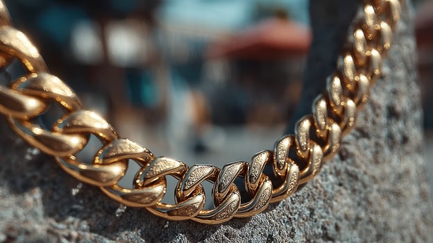 Close-up view of a gold chain placed on a textured stone in a vibrant marketplace during sunny daylight photo