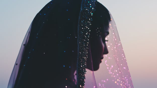 A woman wearing a veil and a veil with glitter photo