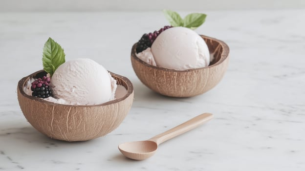 Two bowls filled with ice cream and berries photo
