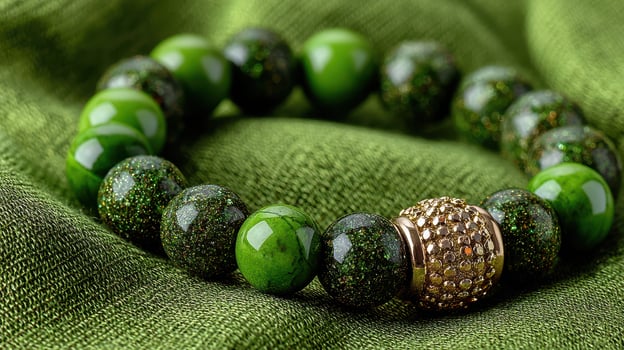 Elegant green gemstone bracelet displayed on textured fabric in soft natural light photo