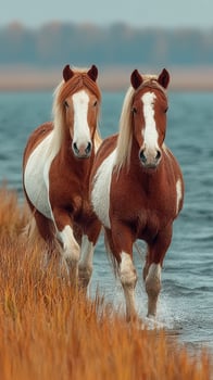 Horses running through shallow water by the shore in a natural landscape setting during a calm day photo