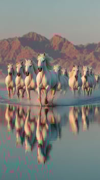 Herd of white horses gallops across a shimmering water surface at sunrise with mountain backdrop photo