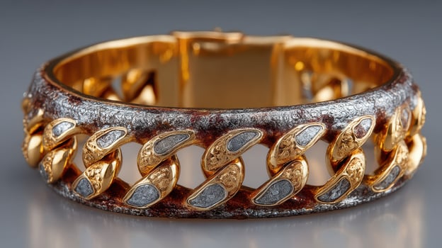 Elegant bracelet showcasing intricate gold and silver design positioned on a smooth surface photo