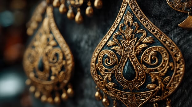 Intricate gold embroidery displayed on rich fabric in a vibrant market during the late afternoon photo