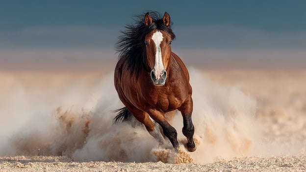 Wild horse galloping through sandy landscape at sunset creating dust clouds photo