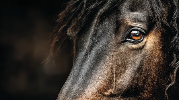 Majestic black horse with a striking eye captured in soft natural lighting during the late afternoon photo