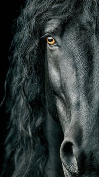 Majestic black horse with flowing mane stands poised in spotlight showcasing glossy coat and captivating gaze photo