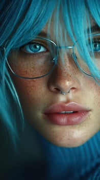 Close-up of a young person with blue hair and glasses showcasing expressive freckles photo