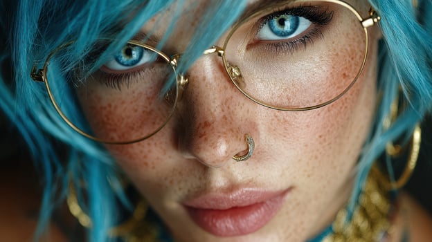 Blue haired individual with striking glasses and freckles poses for a close-up, showcasing unique features and vibrant style photo
