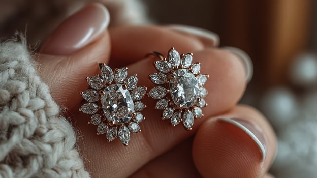 Elegant earrings with diamond-like stones captured in a soft, cozy setting with gentle lighting highlighting their brilliance photo