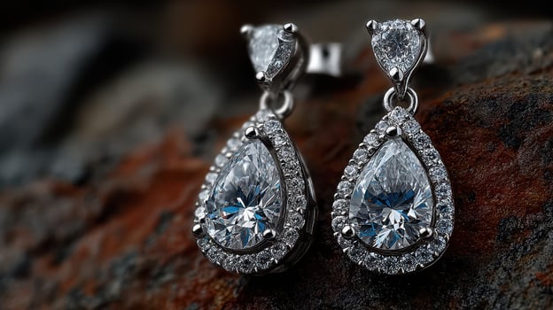 Elegant diamond earrings displayed on a textured surface highlighting their intricate design and brilliance during daylight photo