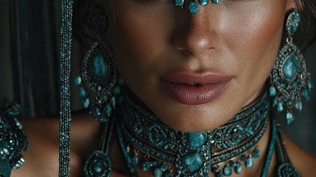 Beautiful woman adorned in intricate turquoise jewelry poses elegantly for a striking close-up portrait photo
