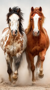 Powerful horses running side by side in the dust during golden hour at an open ranch photo