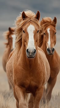 Horses galloping freely across an open field under a cloudy sky during late afternoon photo
