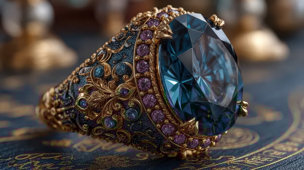 Elegant vintage ring with intricate gold design and vibrant blue gemstone on dark ornate background photo