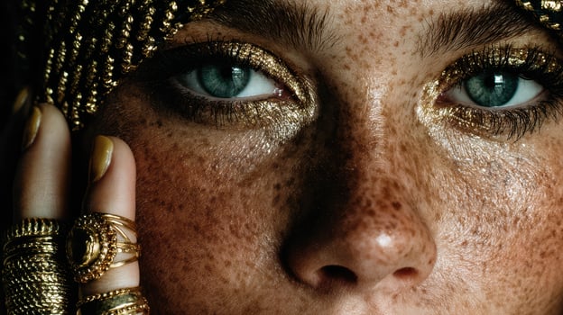 Portrait of a woman with striking blue eyes and golden makeup, displaying intricate jewelry and beauty in artistic fashion photo