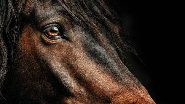 Close-up of a horse's eye showcasing rich brown tones and flowing mane set against a dark background photo