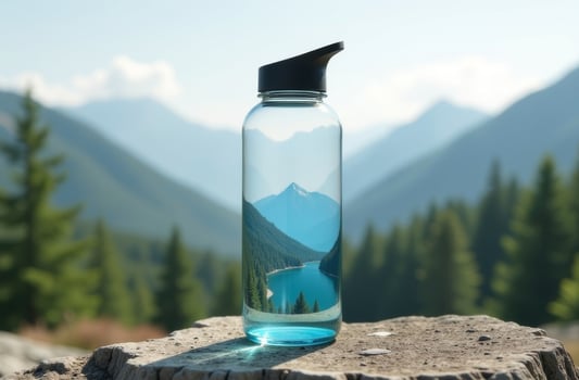A clear water bottle showcasing a picturesque mountain landscape in a serene outdoor setting during daylight photo