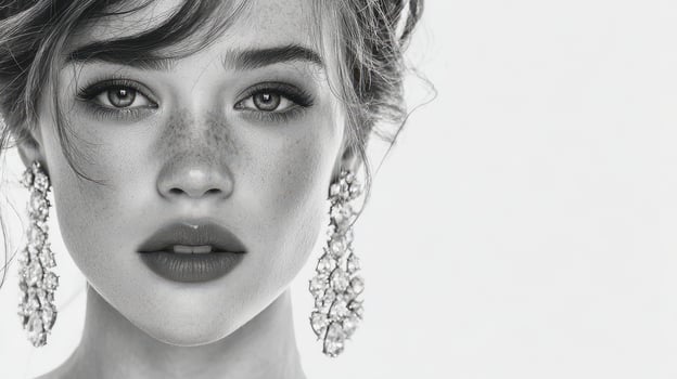 Elegant black and white portrait of a woman with striking features and ornate earrings in a minimalist setting photo