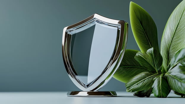 A shield is sitting on top of a green plant photo
