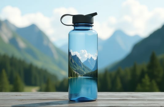 A clear water bottle stands on a wooden table with a stunning mountain backdrop featuring a serene lake during the day photo