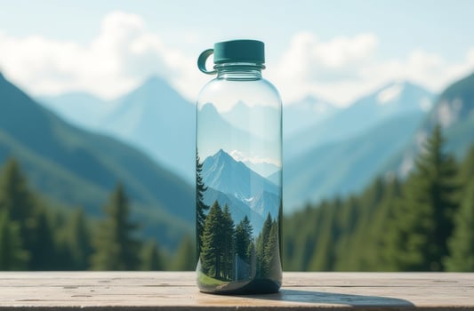 A clear water bottle reflecting mountain scenery with trees in the background during a bright sunny day in the wilderness photo