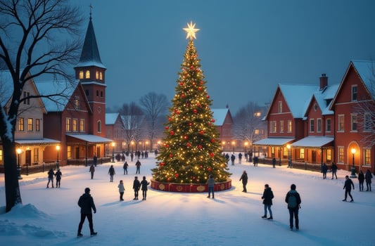 Skaters gather around a beautifully lit Christmas tree in a snowy town square during winter evenings photo