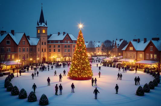 Festive winter evening in a charming European town square with a brightly lit Christmas tree and ice skaters photo