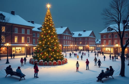 A lively winter evening with families ice skating around a beautifully lit Christmas tree in a snowy town square photo