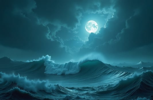 Churning ocean waves illuminated by a full moon under a night sky filled with dramatic clouds photo