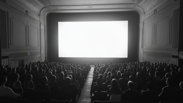 Crowd gathering in a vintage theater watching a film on a large screen at night in a classic movie house photo