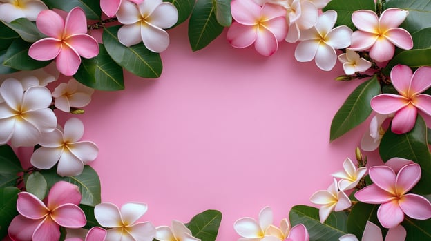 Colorful floral arrangement featuring pink and white plumeria flowers on a soft pink background created for a decorative purpose photo