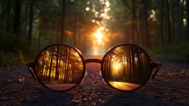 Sunglasses reflecting a beautiful sunset through a serene forest landscape during a peaceful evening photo