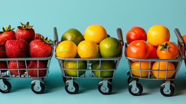 Colorful assortment of fresh fruits displayed in shopping carts against a light blue background photo