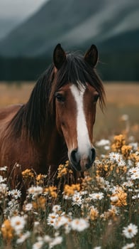 Brown horse grazing among wildflowers in a serene meadow during overcast weather in the mountains photo