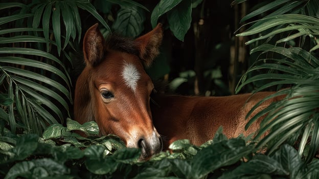 Young horse resting among lush green foliage in a tropical setting during the early morning light photo
