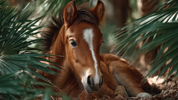 Young foal resting amidst lush greenery in a serene forest setting during daylight photo