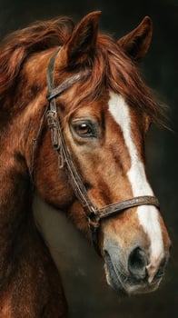 Beautiful chestnut horse with a prominent white stripe posing against a dark background photo