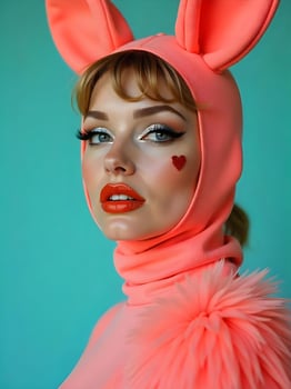 A woman in a bunny costume with red lipstick photo