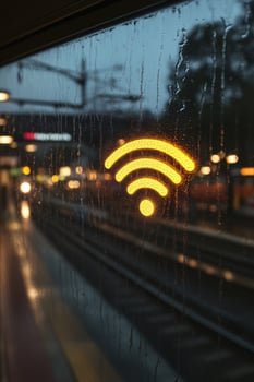 Rainy evening at the train station with WiFi symbol illuminated through a fogged window photo