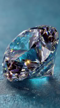 Glistening crystal diamond reflecting vibrant colors on a soft blue surface during daylight photo