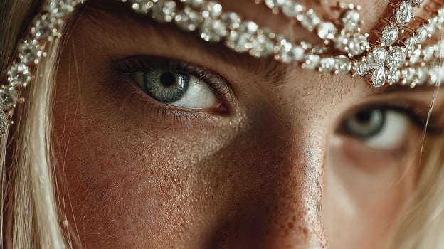 Captivating close-up of a woman's striking blue eye adorned with a sparkling headpiece during a cultural festival photo
