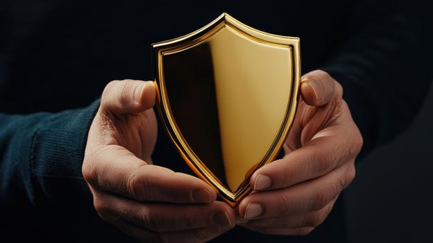 A person holding a gold shield in their hands photo